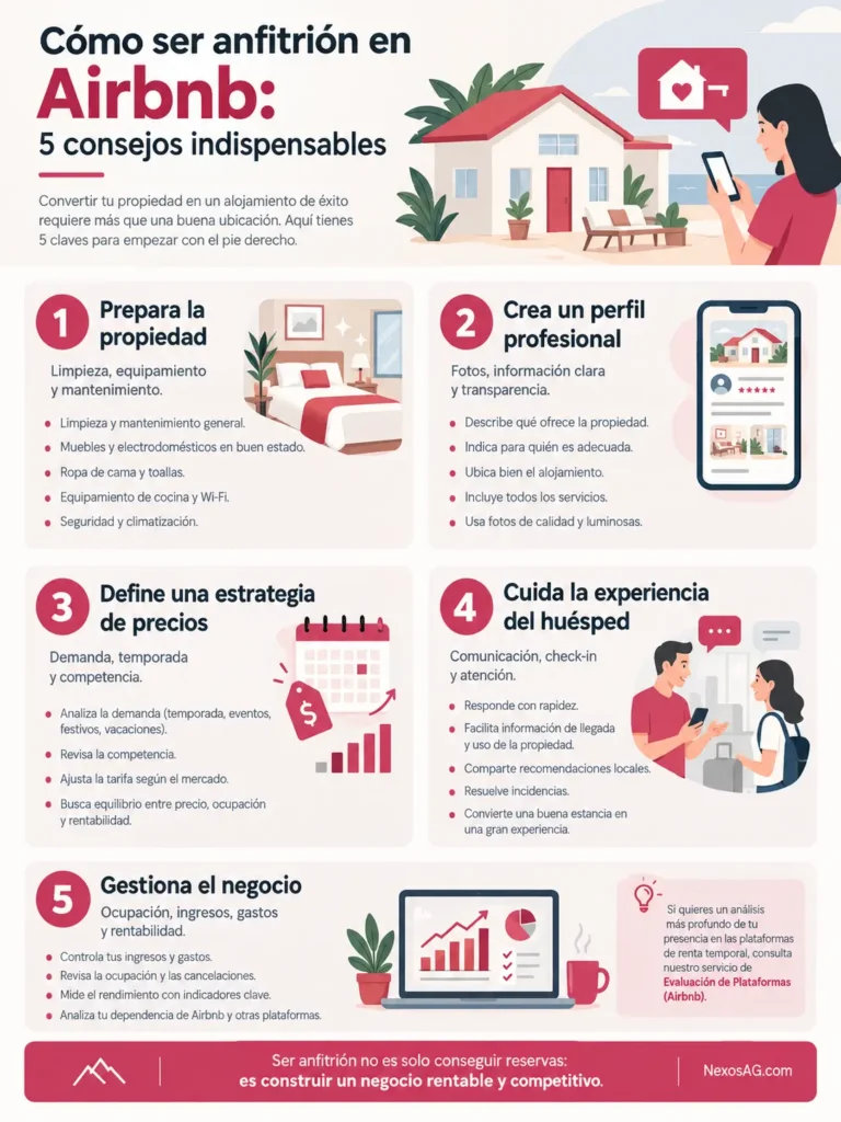 Cómo ser Anfitrión en Airbnb: 5 Consejos Indispensables infografia nexosag agencia como ser anfitrion airbnb consejos